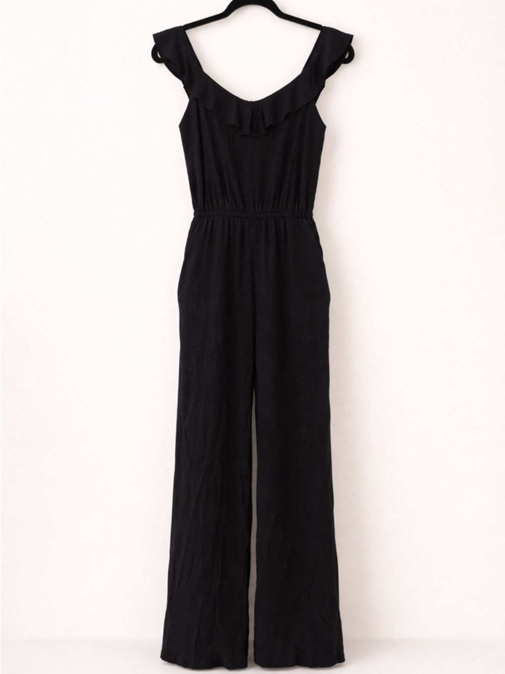 LOFT Black Ruffle-Shoulder Wide-Leg Jumpsuit